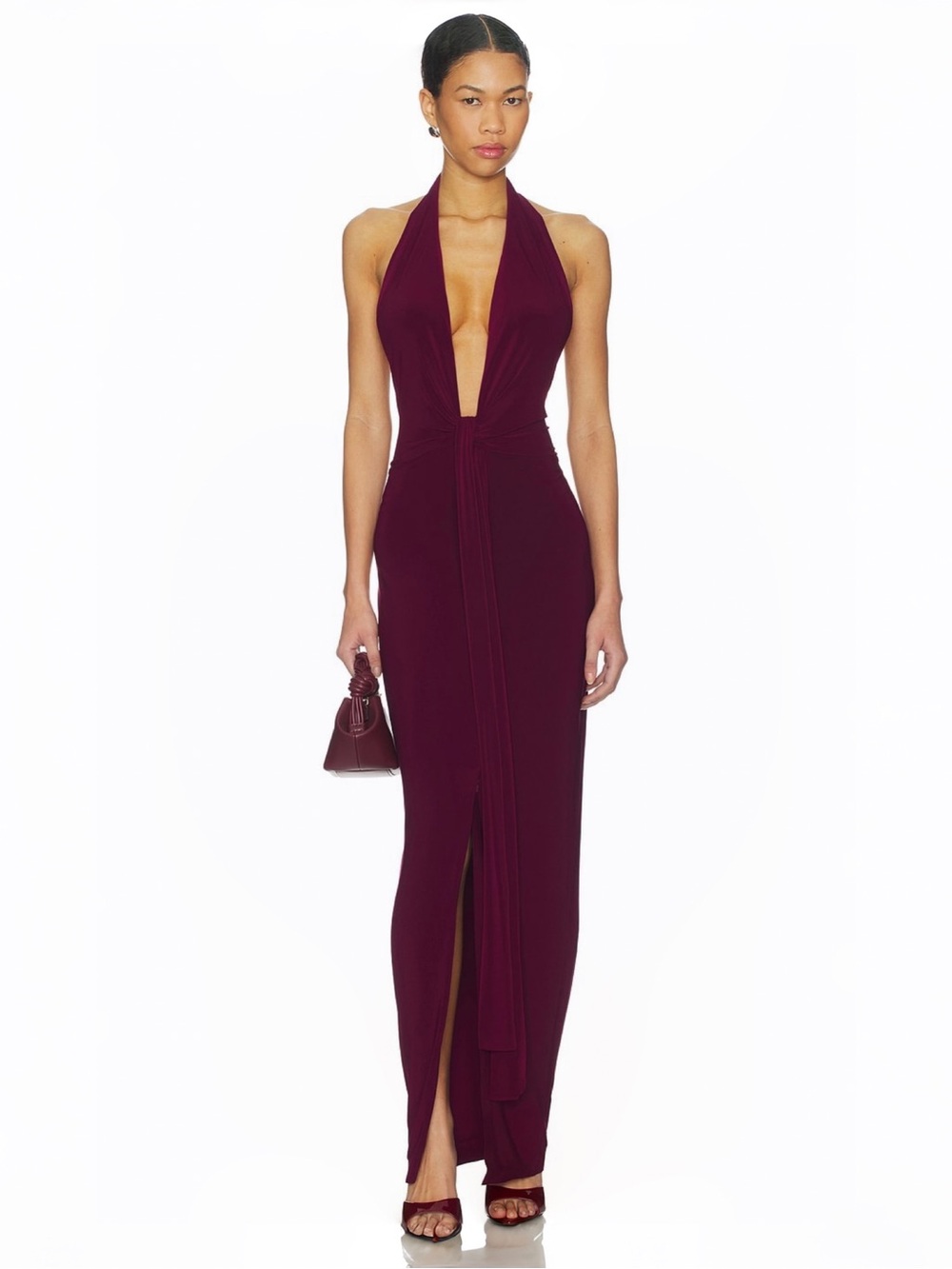 Norma Kamali x REVOLVE Tie Front Halter Gown Plum Sz M NWT